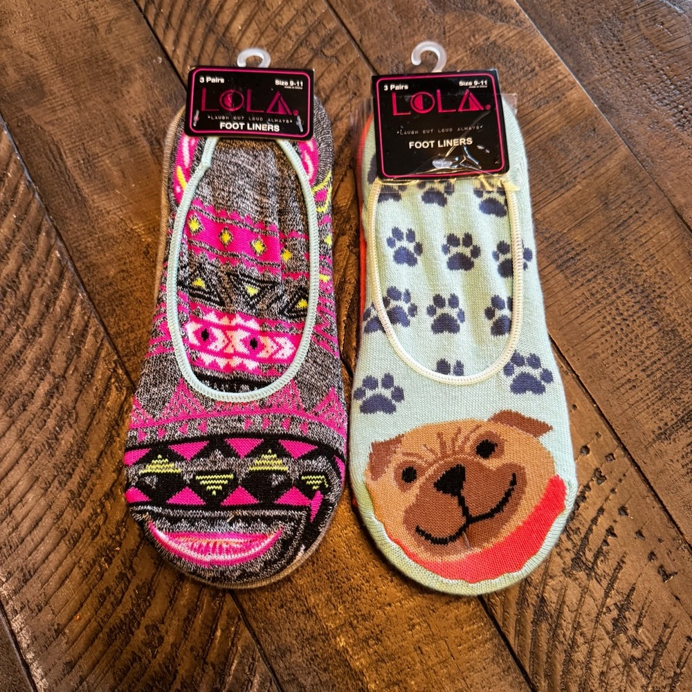 Vintage Lola Ladies Multicolor Foot Liners 3 Pairs‎ 2 Sets Size 9-11 Dog Novelty